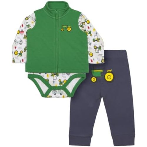 John Deere Green Blue Infant Boys 3 Piece Bodysuit, Pant and Vest Set Farm Animals Tractor Sizes 3/6, 6/9, 9/12 Months