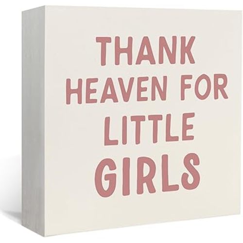 Lacama Girls Nursery Wooden Sign Decor,Thank Heaven for Little Girls Decorations Wood Block Signs Newborn Gifts, Retro Pink Wood Sign for Toddler Little Girl Nursery Room Desk Shelf Wall Decor 5x5 In