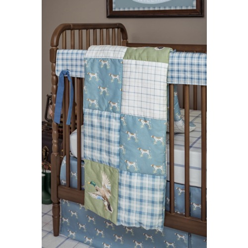 Hunting Crib Bedding Set: Plaid Sheet + Dog Crib Skirt + Crest Baby Blanket + Organic Baby Quilt