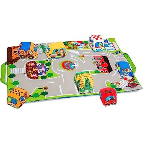 Melissa & Doug Take-Along Town Play Mat (49 cm x 36 cm) With 9 Soft Vehicles | Soft Baby Play Mat With Storage Bag, Toy Vehicle Play Sets For Babies