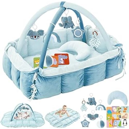 5-in-1 Plush Baby Play Gym, Baby Play Mats, Convertible Baby Gym with Pillow, Tummy time mat, 6 Sensory Toys, Activity Center, Ball Pit, Blue