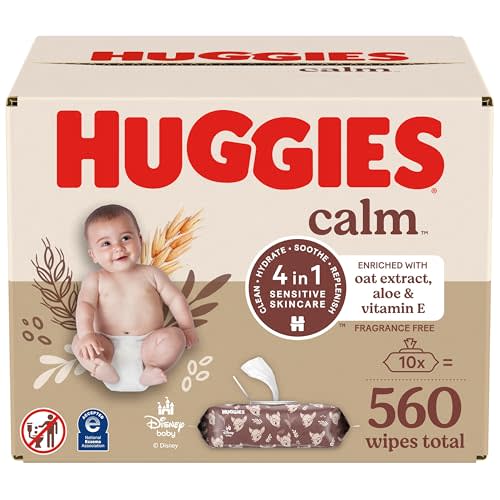 Huggies Calm Baby Wipes, Unscented, Hypoallergenic, 10 Push Button Packs (560 Wipes Total)