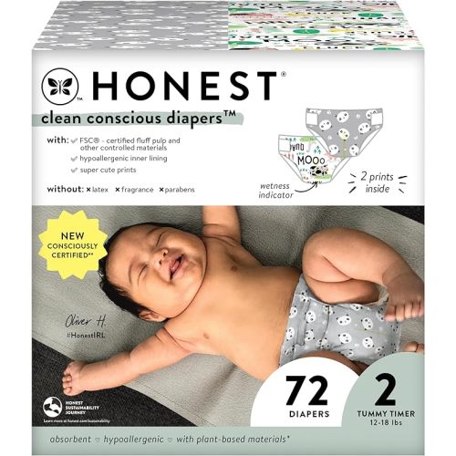 The Honest Company Clean Conscious Diapers | Plant-Based, Sustainable | Pandas + Barnyard Babies | Club Box, Size 2 (12-18 lbs), 72 Count - Size 2 (72 Count)