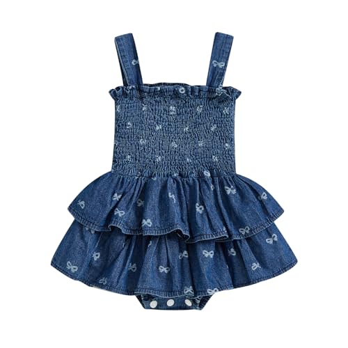 BULINGNA Newborn Baby Girl Outfits Sleeveless Bow Tie Up Front Smocked Bubble Romper Infant Denim Jumpsuit