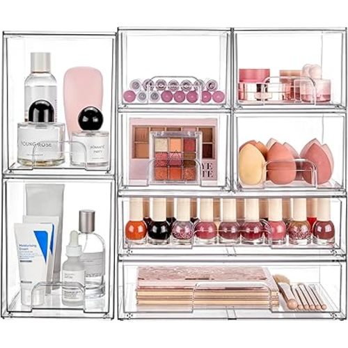 Vtopmart Stackable Storage Drawers Set of 8, Clear Plastic Organizer Bins for Bathroom Supplies,Ideal for Cabinet,Pantry,Laundry Room Organization