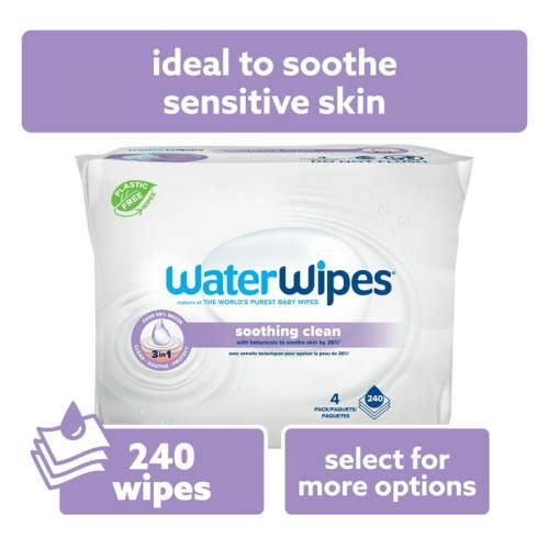WaterWipes Soothing Clean 99% Water Based Botanical Baby Wipes, 4 Resealable Packs (240 Wipes)