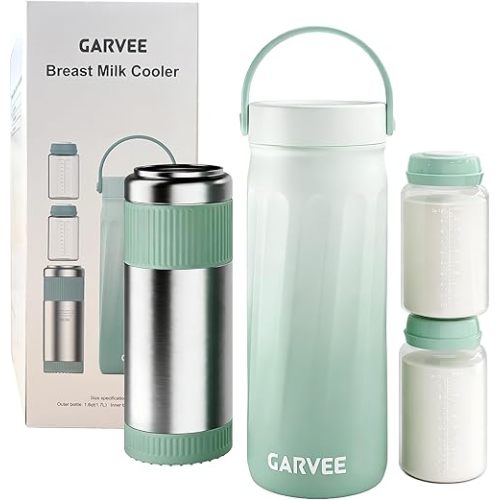 GarveeHome Portable Breast Milk Cooler for Outdoor, 360° Total Cooling for 24 Hours, Breastfeeding Essentials 2pcs 10oz Bottles for Breastmilk Storage, Milk Warmer for Baby Travel, Green