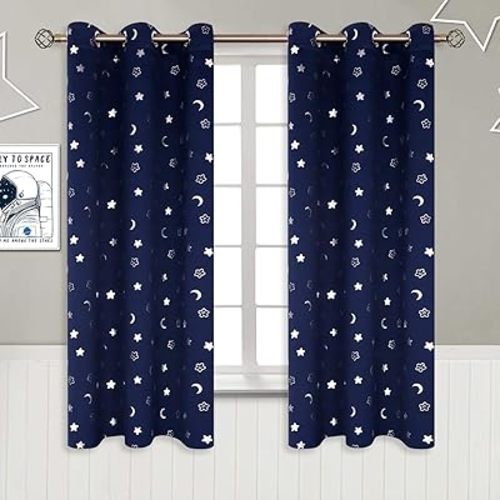 BGment Kids Curtains for Nursery, Short Star and Moon Room Darkening Curtains for Bedroom 63 Inch Long, Blackout Thermal Insulated Window Drapes for Boys Girls, Navy, 42 Wide, 2 Panels