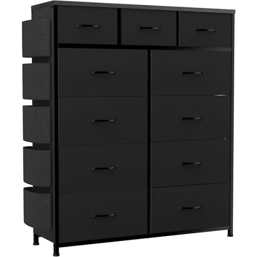11 Drawer Fabric Storage Dresser for Bedroom Organization, Chest of Drawers with Deep Shelves, Side Pockets & Hooks, Sturdy Steel Frame & Wood Top, Baby/Kids Closet Organizer Unit. (Black)