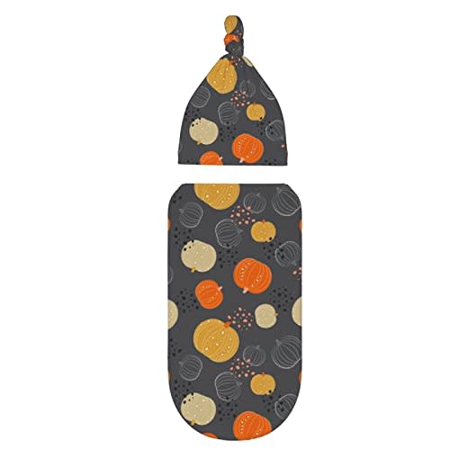 Belinyo Cute Pumpkin Newborn Baby Swaddle Set Infant Sleeping Bag Receiving Blanket with Beanie Hat for Baby Shower Photography, 120120
