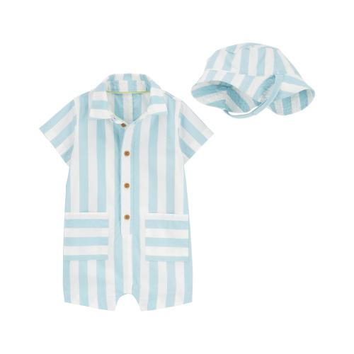 Baby 2-Piece Striped Romper & Hat Set - NB - Style,Blue/White