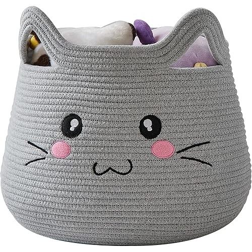 OMERAI Animal Cat Basket, Cute Cotton Rope Woven Large Blanket Basket, Toy Storage for Nursery decor and Laundry Organizer with Handles, baby hamper shower gift, 15"D x 12.6"H, Grey Open Eyes