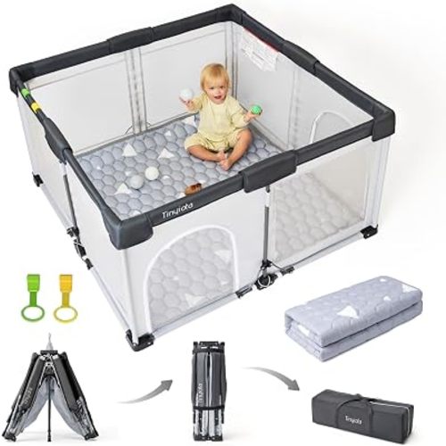 Tinyiota Foldable Baby Playpen, 50x50 Inch Portable Play Yard for Babies and Toddlers with Soft Breathable Mesh, Storage Bag & 2 Pull-Toy Handles for Indoor & Outdoor (Grey, with Mat)