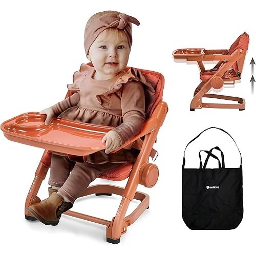 Feed Me 3-in-1 Travel High Chair Booster Seat for Infants and Toddlers - Transitional, Compact & Fits Any Chair, Swivel Tray, Pumpkin Orange