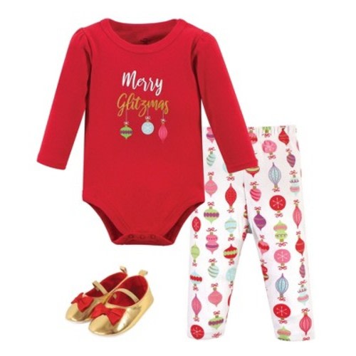 Little Treasure Baby Girl Cotton Bodysuit, Pant and Shoe 3pc Set, Glitzmas, 0-3 Months