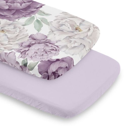 Sweet Jojo Designs Girl Baby Bassinet Fitted Sheets Set Peony Floral Garden Purple Ivory and Green 2pc