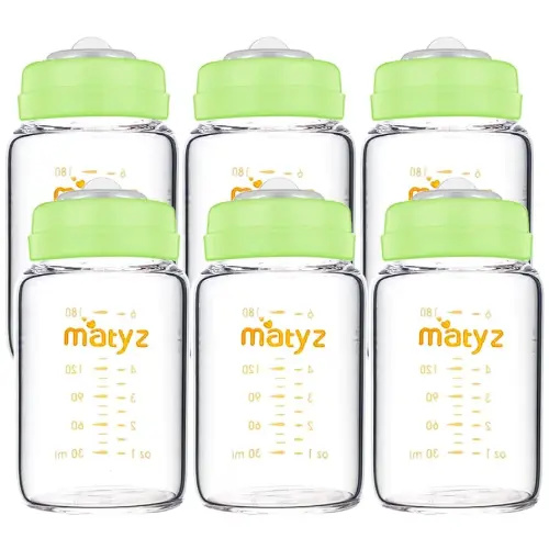 Matyz Glass Breastmilk Storage Bottles, 6 Pack, 6 oz, Compatible with Spectra Medela Breast Pump - Store, Freeze, Warm Up Milk Well - Wide Mouth Breastmilk Storage Containers - No BPA (Green Lids)