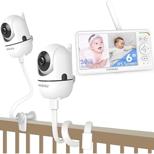 HelloBaby Baby Monitor 2 Cameras with Crib Clip Mount & 20 inch Flexible Mount, 6'' IPS Split-Screen, No WiFi, 30H Battery, Cry Alert, 2-Way Audio, Night Vision Pan-Tilt-Zoom, 1000ft Range, for Twins