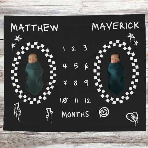 Personalized Twin Babies Milestone Blanket, Twin Mom Gift, Black Punk Rock Blanket, Customizable Monthly Milestones Blanket for Twins