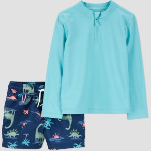 Carter's Just One You® Baby Boys' Long Sleeve Dinosaur Rash Guard and Trunk Set - Blue 12M: UPF 50+, Elastic Waistband
