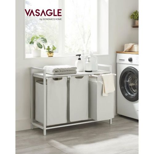 Vasagle Laundry Hamper, Laundry Basket, Laundry Sorter With 3 Pull-out And Removable Bags, Shelf, Metal Frame, 3 X 10 Gallons (38l) Black And Gray