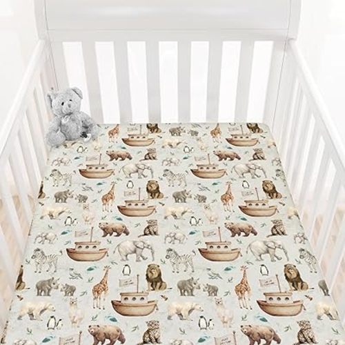 HawSkgFub Noah’s Ark Animal Boat Religious Fitted Standard Crib Sheet for Baby Boy Girl, Elephant Bear Giraffe Rhino Toddler Mattress Cover, Soft Stretchy Nursery Bed Sheets Decor Kids Gift 52" x 28"