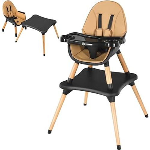 BABY JOY 5 in 1 High Chair, Convertible High Chairs for Babies and Toddlers/Booster Seat/Table and Chair Set, Infant Wooden Highchair w/ 5-Point Harness, 4-Position Removable Tray & PU Cushion, Coffee