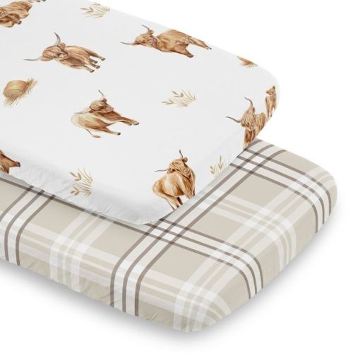 Sweet Jojo Designs Boy, Girl, Unisex/Gender Neutral Baby Bassinet Fitted Sheets Set - Boho Highland Cow Brown and Taupe 2pc