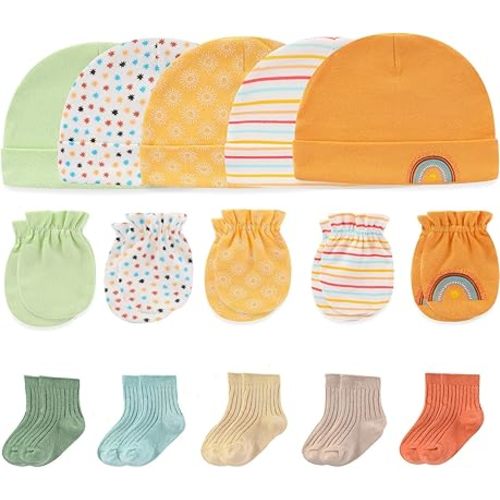 Newborn Baby Boy Girl Caps Mittens Socks Set Cotton Baby Essentials Accessories (Hats+Gloves+Socks)