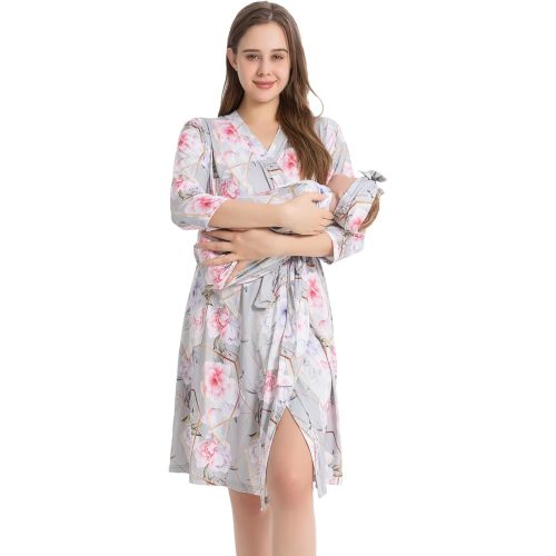 Galabloomer Maternity Robe and Baby Receiving Blanket, Matching Mommy Labor Delivery Robe and Swaddle Set Gold Gray flower