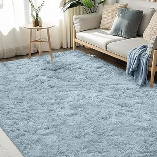 FVVRAX 5x7 ft Ultra Soft Shag Area Rug - Plush Fluffy Non-Shedding Carpet for Bedroom & Living Room, Modern Home Decor Bedside Rug for Kids Nursery Dorms, Easy Clean, Light Blue