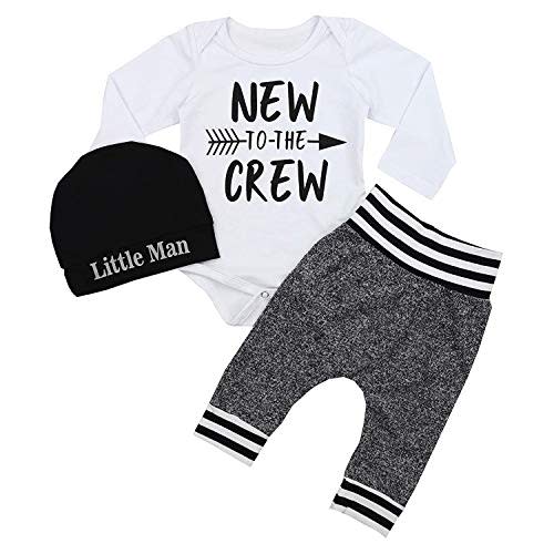 Fommy Newborn Baby Boy Clothes New to The Crew Letter Print Romper+ Pants+Hat 3PCS Outfit