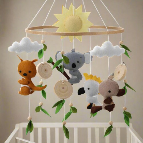 Australian Animal Baby Mobile – Koala, Kangaroo, Platypus & Cockatoo | Felt Nursery Mobile with Natural Leaves & Wooden Beads