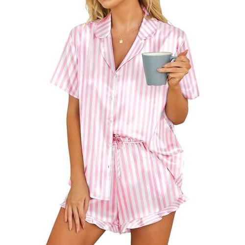 HOTOUCH Womens Satin Pajamas Set Button Down 2 Piece Silk Pjs Shorts Set Ruffle Lingerie Notch Collar Sleepwear