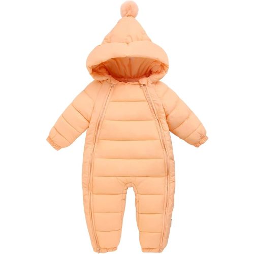 Baby Snowsuit Winter Warm Romper Jumpsuit Boys Girls Hooded Down Jacket Double Zip Outerwear - Orange - 0-6 Months
