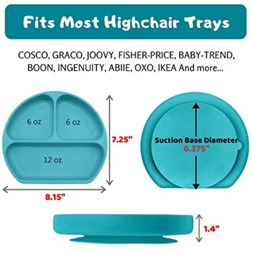 Silikong Suction Plate for Toddlers | BPA Free, 100% Food-Grade Silicone | Microwave, Dishwasher and Oven Safe | Stay Put Divided Baby Feeding Bowls and Dishes for Kids and Infants - 1 Count (Pack of 1) - Turquoise
