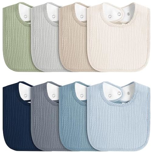 MairMore 8-Pack Baby Muslin Bibs, Soft Cotton Drool Bibs for Boys Girls, Adjustable and Absorbent Newborn Bib Set for Feeding and Drooling
