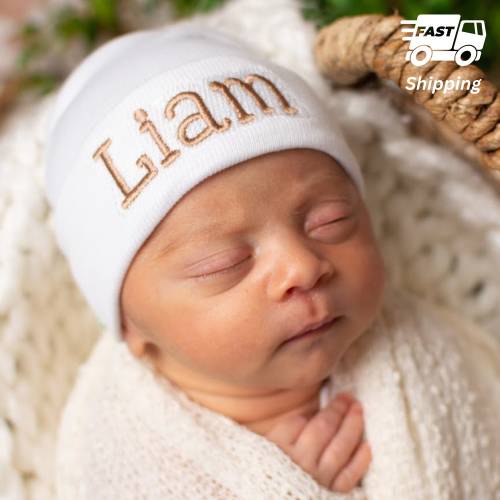 Personalized Shadow Stitch Newborn Hospital Hat with Baby's Name Embroidered | Double Ply for Extra Warmth and Comfort
