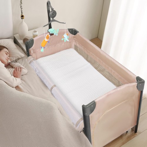 JOYMOR Beige Bedside Bassinet Co-Sleeper, Baby Bassinet Travel Crib for Boys Girls, Infant