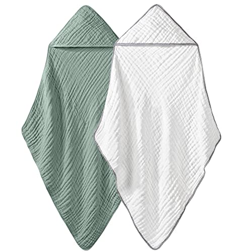Yoofoss Hooded Baby Towels 100% Muslin Cotton 2 Pack Baby Bath Towel 32x32Inch, Extra Soft and Absorbent Hooded Towels for Baby, Infant and Toddler, Baby Bath Essential for Boys Girls (Green & White)