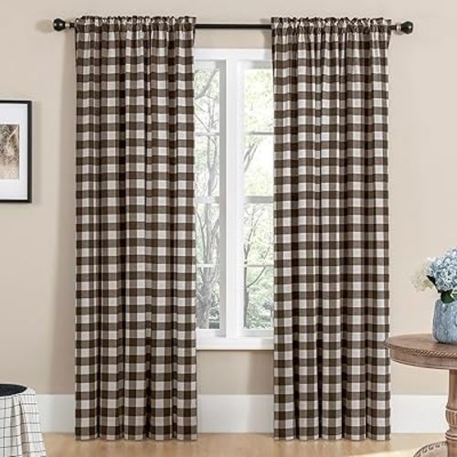 Melodieux Buffalo Check Plaid Curtains for Living Room, Bedroom Farmhouse Gingham Style Cotton Texture Rod Pocket Semi Curtain Drapes, Brown, 52 x 84 Inch(2 Panels)
