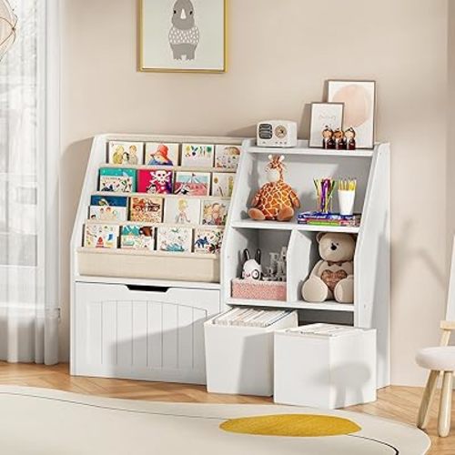 Kids Bookshelf, Children's Bookcase with 4 Sling Book Shelves, Toy Storage Cubby, Fabric Storage Baskets, Wooden Book Shelf for Kids' Room, Playroom, Nursery, Living Rooms, White MCW17WB