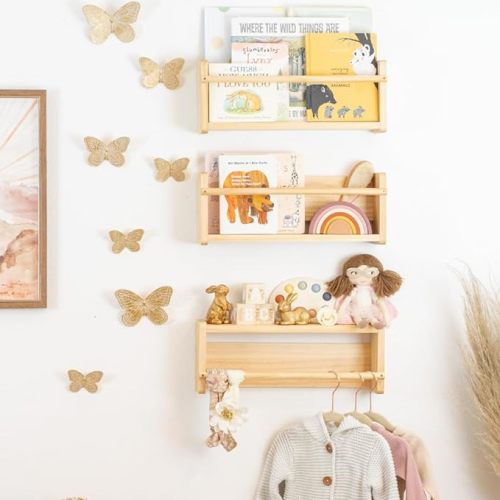 Kids Bookshelf - Nursery Book Shelves Set of 3 - Book shelf for kids rooms and Bathroom, Baby Nursery decor Natural Wood Floating bookshelves wall mounted for Books, Toys & Decor