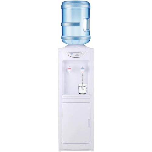 Water Cooler Dispenser for 5 Gallon Bottle, Hot&Cold Top Loading Water Dispenser, Freeding Standing Cooler with Child Safety Lock Removable Drip Tray & Storage Cabinet for Indoor Home,Office (White)