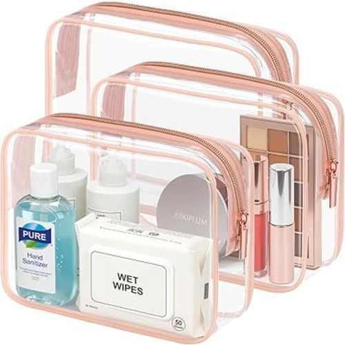 PACKISM TSA Approved Toiletry Bag - Clear Makeup Bag 3 Pack Medium, Quart Size Bag for 3-1-1 Liquids with Metal Smooth Zipper, Travel Makeup Bag for Women Men, Airport Airline Compliant Bag, Rose Pink