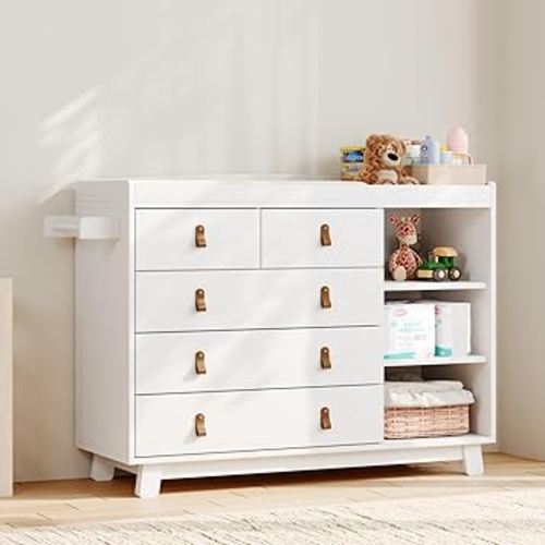Baby Dresser with Changing Table Top, Baby Changing Table Dresser with 5 Drawers and Adjustable Shelves, Multi-Functional Diaper Changing Station, Nursery Organizer for Kids Bedroom, White