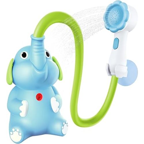 Baby Bath Shower Head for Kids Ages 1-3 Essentials, EDCREATY Rechargeable Cute Elephant Sprays Bathtub Toys with Rubber Hose Spout for 0 6 12 18 Months Toddlers Newborn Infants Boys and Girls(Blue)