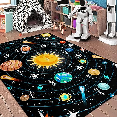 Outer Space Rugs Small Size Universe Solar System Planet Theme Carpets Kids Rugs for Playroom Educational Learning Area Rug for Living Room Bedroom Indoor Crystal Polyester Floor Sofa Mats, 2'×3'