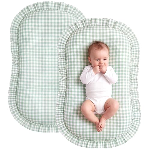 2 Pcs Gingham Baby Lounger Cover with Ruffle 100% Cotton Plaid Lounger Cover Baby Nest Slipcover for Boys Girls(Green)