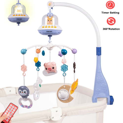 Febfoxs Baby Crib Mobile with Music and Lights, Mobile for Crib with Remote Control, Hanging Rotating Animals Rattles, Nursery Crib Toys for Boys Girls, Blue
